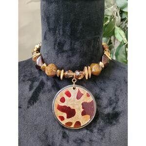Faux Tortoise Choker, Gold and Red Statement Necklace, Animal Print Necklace